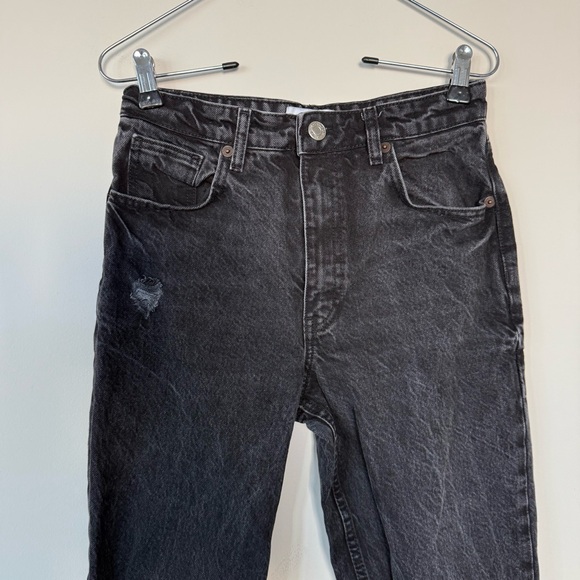 Zara Black Distressed Ripped Knee High Waisted Wide Leg Jeans Cuffed Denim - Picture 7 of 16